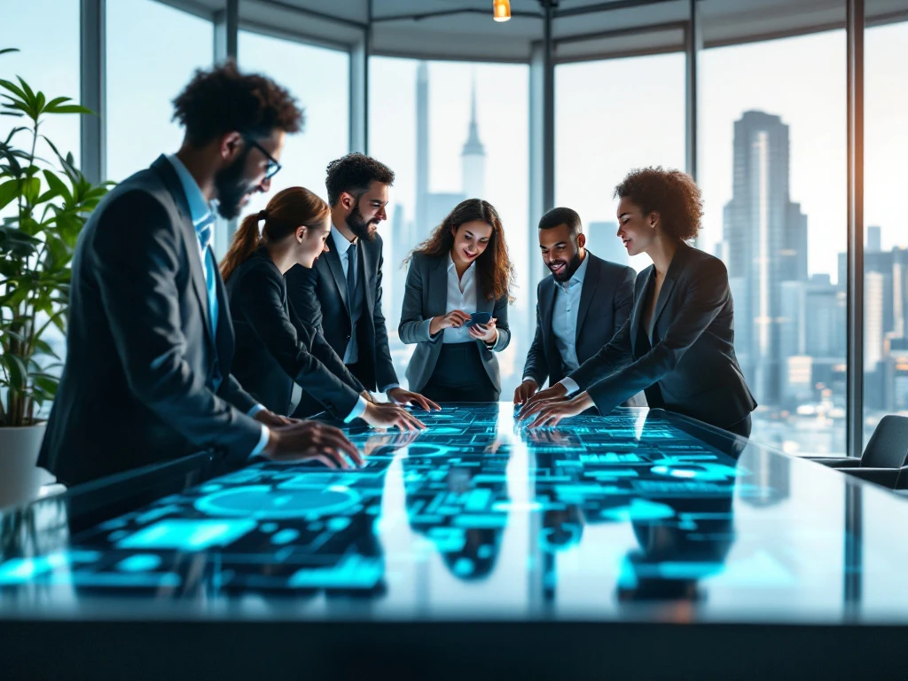 Een divers team werkt samen aan een digitale tafel in een modern kantoor met uitzicht op een stad, symboliserend wereldwijde IT-connectiviteit.